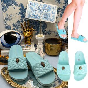 🆕 KURT GEIGER LONDON 🧿 NWOB Meena Eagle Quilted Slides, Blue - Sz EU 39 US 8.5
